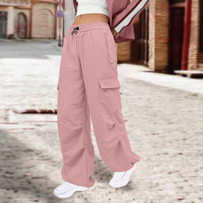 Color-Women Clothing Solid Color Nylon Multi Pocket Loose Cargo Pants-Fancey Boutique