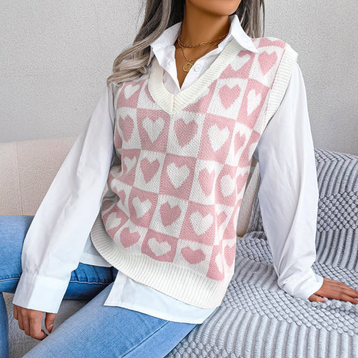 Color-Pink-Autumn Winter College Heart Knitted Vest Sweater Vest Women Clothing-Fancey Boutique