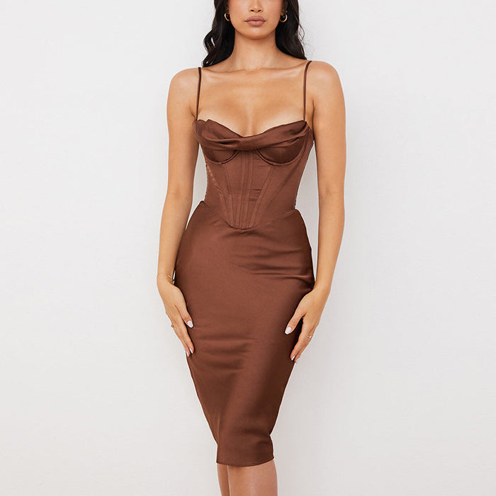 Color-Brown-Sexy Women Wear Sexy Pile Collar Satin Pleated Suspender Midi Dress Boning Corset Boning Corset Corset-Fancey Boutique