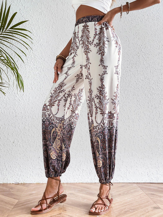 Color-Ladies Spring Autumn Loose Ethnic Paisley Printed Elastic Waist Casual Trousers Pants-Fancey Boutique