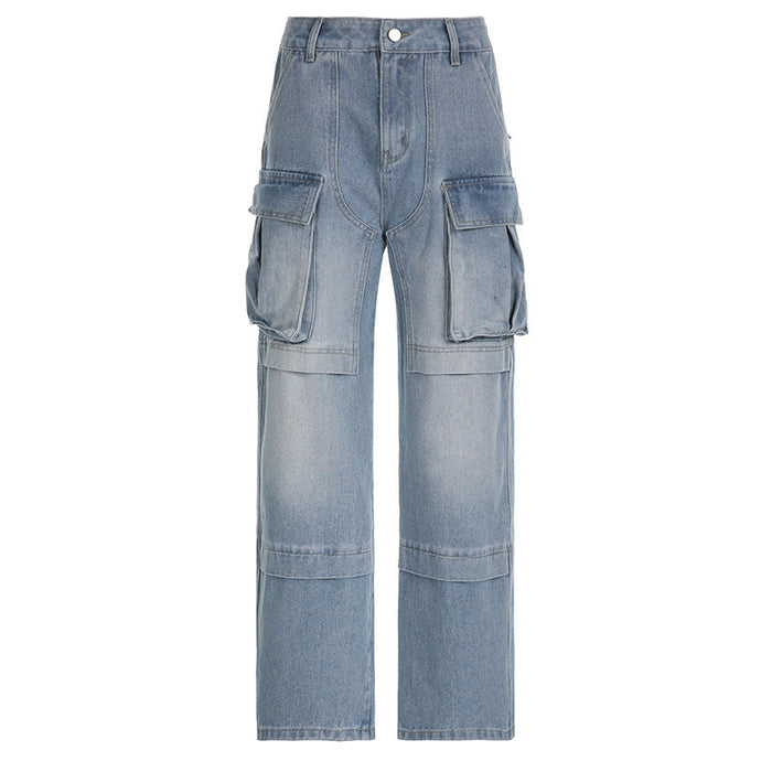 Color-Blue-Large Pocket Design High Waist Straight Jeans Sexy Street Drape Overalls Wide Leg Pants-Fancey Boutique