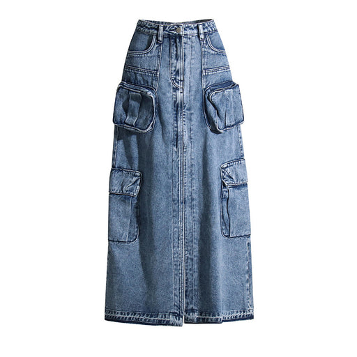 Color-Brand Workwear Bag Skirt High Waist Front Slit Design Denim Solid Color Women Skirt-Fancey Boutique