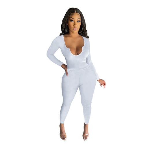 Color-Women Clothing Sexy Deep V Plunge Plunge Long Sleeve Trousers Suit Solid Color Sanding Stretch Two-Piece Set for Women-Fancey Boutique