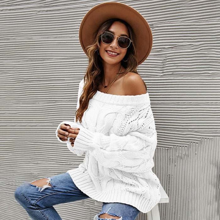 Color-Autumn Winter off-Shoulder Plus Size Loose Sweater off-Shoulder Solid Color Pullover Sweater Women-Fancey Boutique