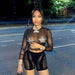 Color-Black-Women Clothing Summer Mesh See through Rhinestone Long Sleeve Top Shorts Casual Set-Fancey Boutique