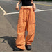 Color-Summer Orange Large Pocket Loose Cargo Straight-Leg Pants High Waist Slimming Drawstring Casual Woven Trouser-Fancey Boutique