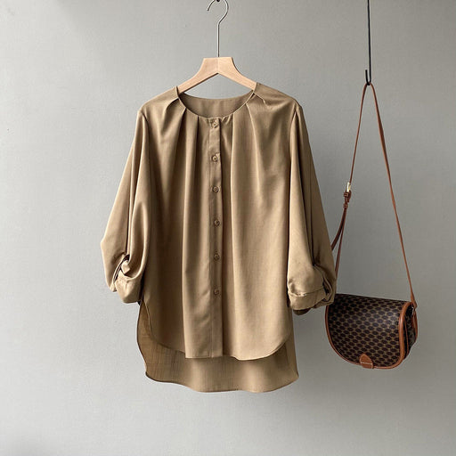 Color-Khaki-White Shirt Women Autumn Korean Simple Loose Design Lantern Sleeve Shirt-Fancey Boutique