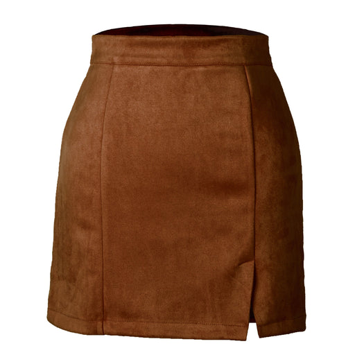 Color-Brown-Women Clothing Suede Hip Skirt High Waist Zipper Autumn Winter A line Solid Skirt Women-Fancey Boutique