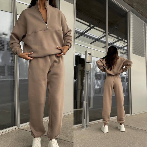 Color-Women Long Sleeved Zipped Stand Collar Sweater Suit Autumn Winter Comfort Loose Sports Casual Sweater Two Piece Set-Fancey Boutique