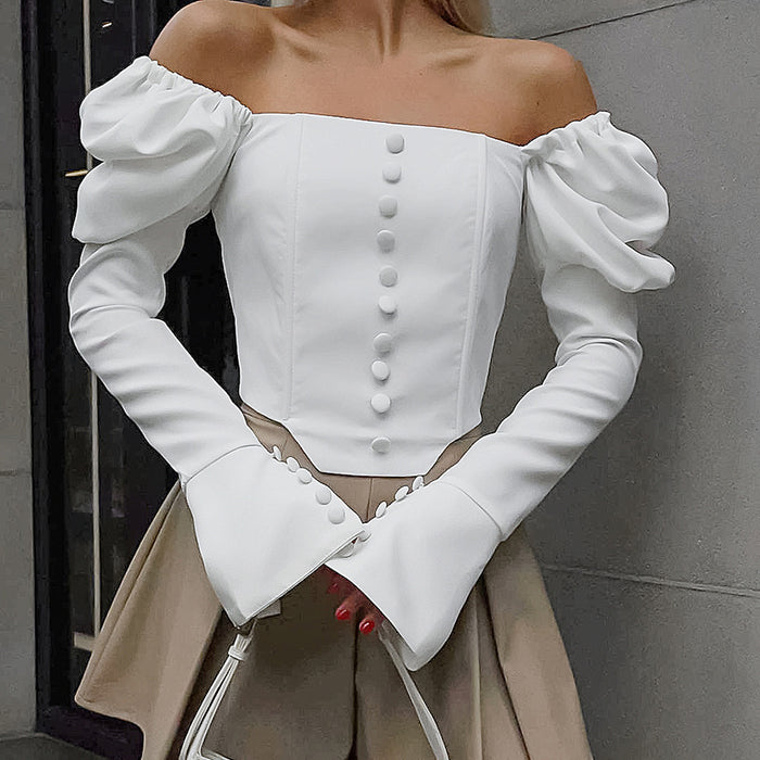 Color-Fall French Imitation Acetate Satin White Square Cut Collar Top Short Temperamental Puff Sleeve Shirt Women Clothing-Fancey Boutique