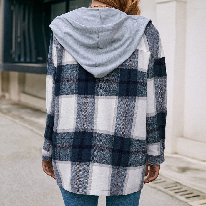 Color-Plaid Shirt Hooded Loose Casual Shacket Jacket Outerwear-Fancey Boutique