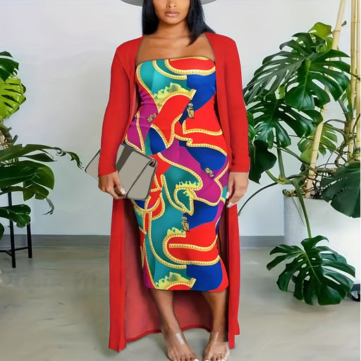 Color-Plus Size Women Clothing Spring Autumn Tube Top Dress Long Coat Two Piece Set Women-Fancey Boutique