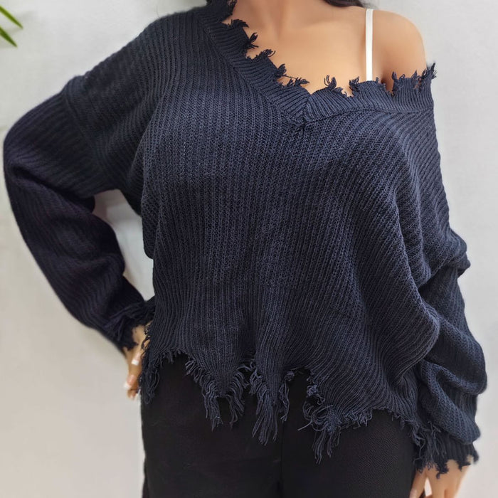 Color-Women Pullover Sweater plus Size Women Clothes Loose V neck Burrs Woven Top Casual Sweater-Fancey Boutique