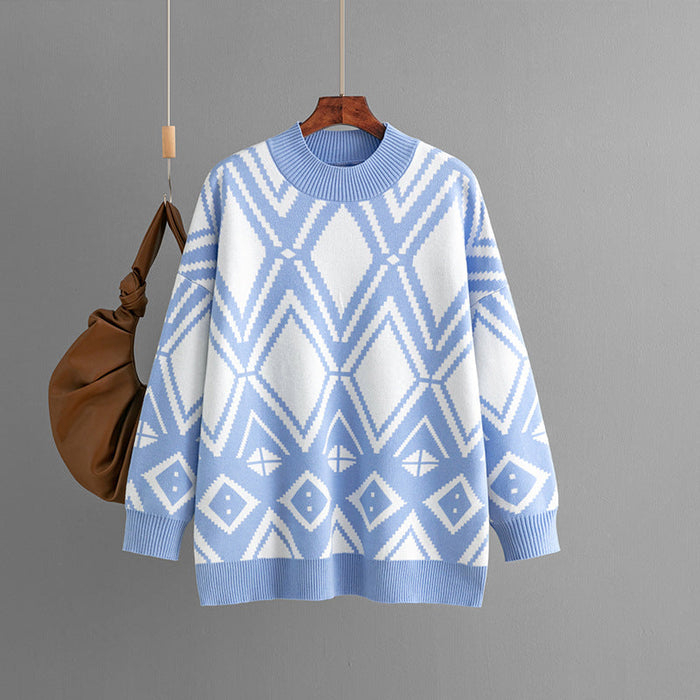 Color-Blue-Women Clothing Autumn Winter Geometric Abstract Jacquard Round Neck Sweater Loose Mid-Length Knitted Top for Women-Fancey Boutique