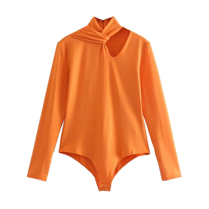 Color-Orange-Clothing Spring Sexy Bow Tie Hollow Out Cutout out Expose Clavicle Long Sleeve Slim Bodysuit-Fancey Boutique