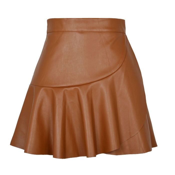 Color-High Waist Ruffles Irregular Asymmetric Leather Skirt Skirt Sexy Sexy Faux Leather Skirt Women Clothing-Fancey Boutique