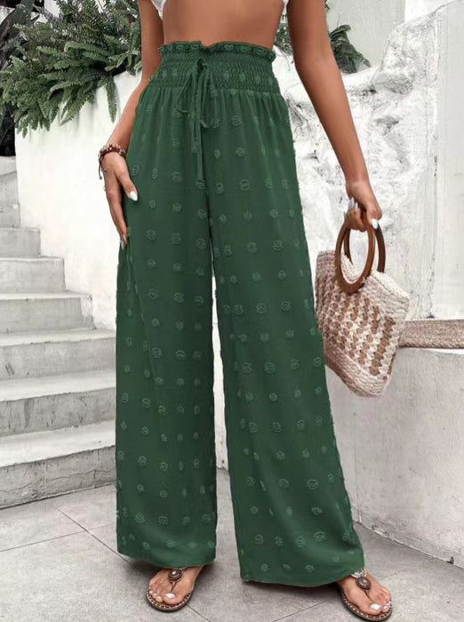 Color-Green-Casual Micro Elastic Loose Smocking High Waist Jacquard Casual Pants Wide Leg Pants Trousers for Women-Fancey Boutique