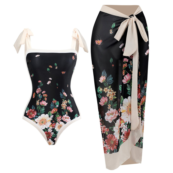 Color-Flower Set-Retro Swimsuit Conservative One Piece Spring Swimsuit Suit Women Chiffon Blouse-Fancey Boutique