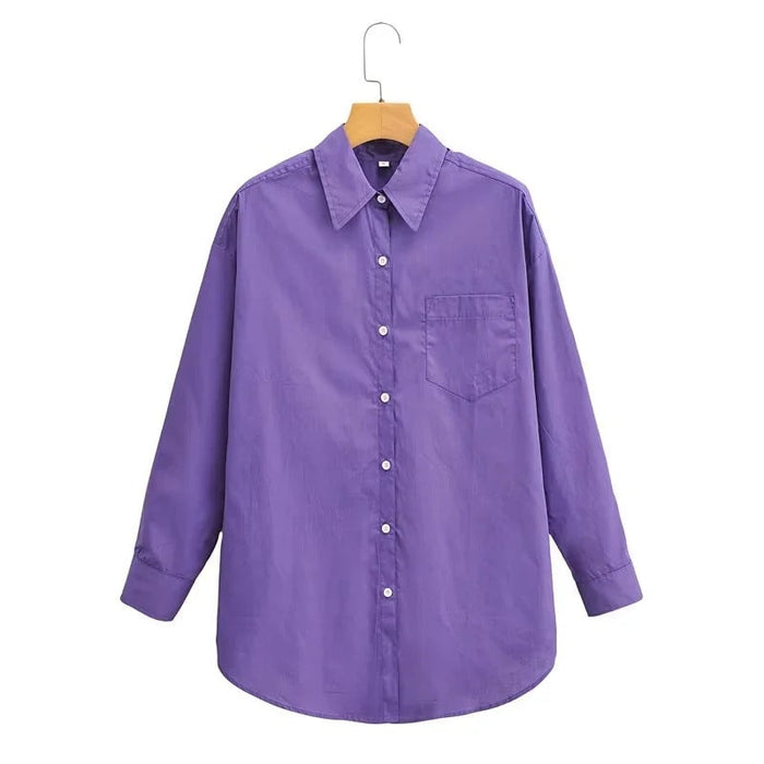 Color-Purple-Boyfriend Loose Comfortable Polo Collar Loose Long Sleeved Shirt for Women Autumn-Fancey Boutique