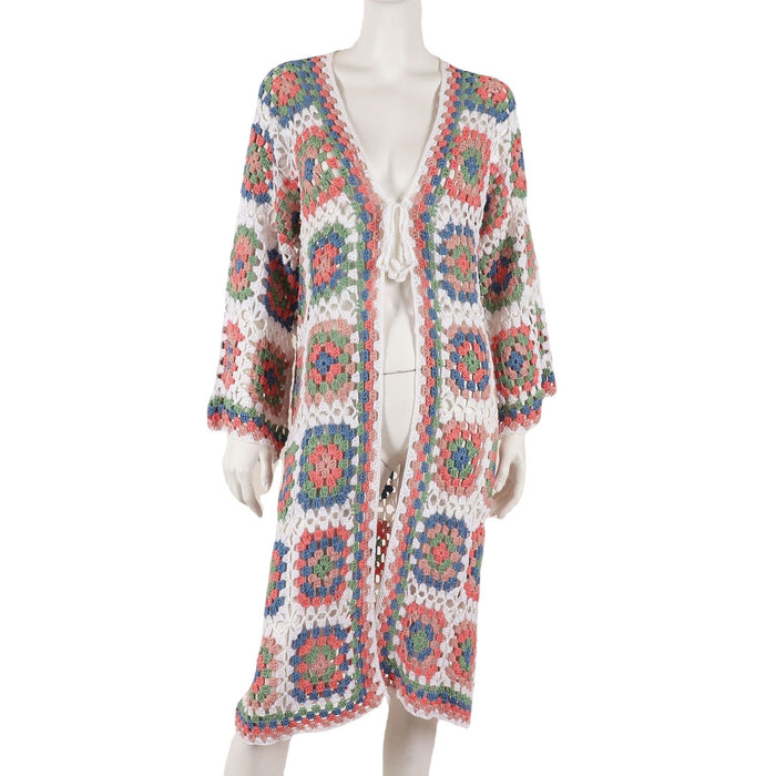 Color-Women Hollow Out Cutout Crochet Cardigan Beachwear Color Long Cut Coat Dress-Fancey Boutique