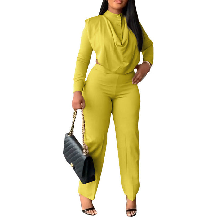 Color-Yellow-Spring Summer Outfit Solid Color round Neck Casual Top Slim Trousers Elegant Set-Fancey Boutique