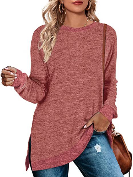 Color-Pink-Women Clothing Long Sleeve round Neck Multicolor Split Top Loose Casual Pullover T-shirt-Fancey Boutique