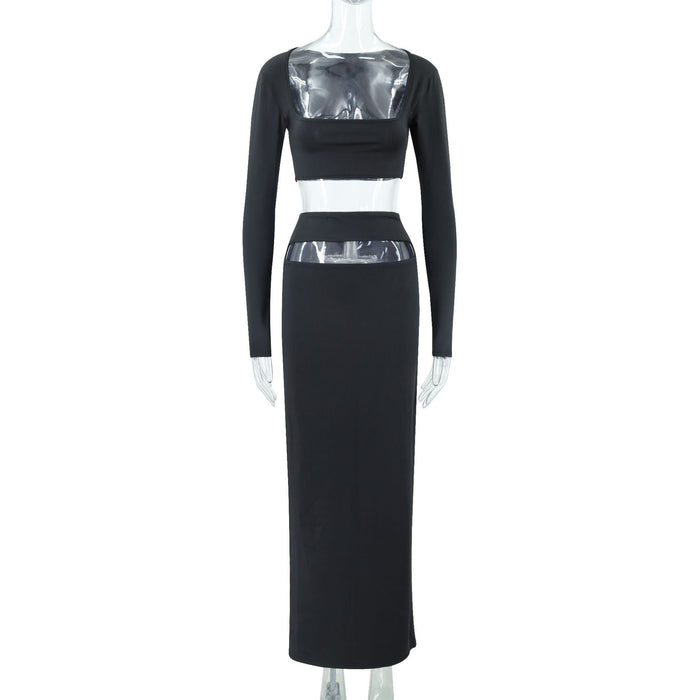 Color-Black-Autumn Square Collar Cropped Long Sleeve T Shirt Hollow Out Cutout Split Skirt Set-Fancey Boutique