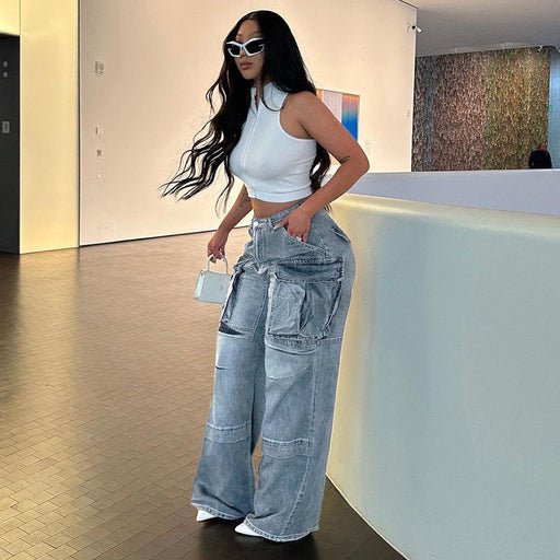 Color-Large Pocket Design High Waist Straight Jeans Sexy Street Drape Overalls Wide Leg Pants-Fancey Boutique