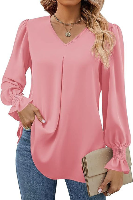 Color-Pink-Women Clothing Autumn Winter Solid Color Chiffon Shirt V Neck Pullover Horn Long Sleeve Top Shirt-Fancey Boutique