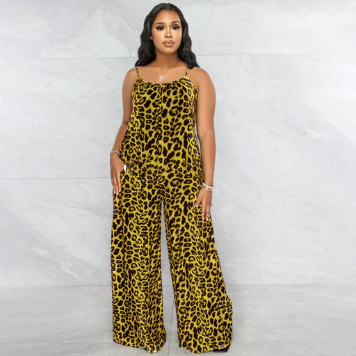 Color-Yellow-Jumpsuit Summer Leopard Print Strap Casual Jumpsuit Women-Fancey Boutique
