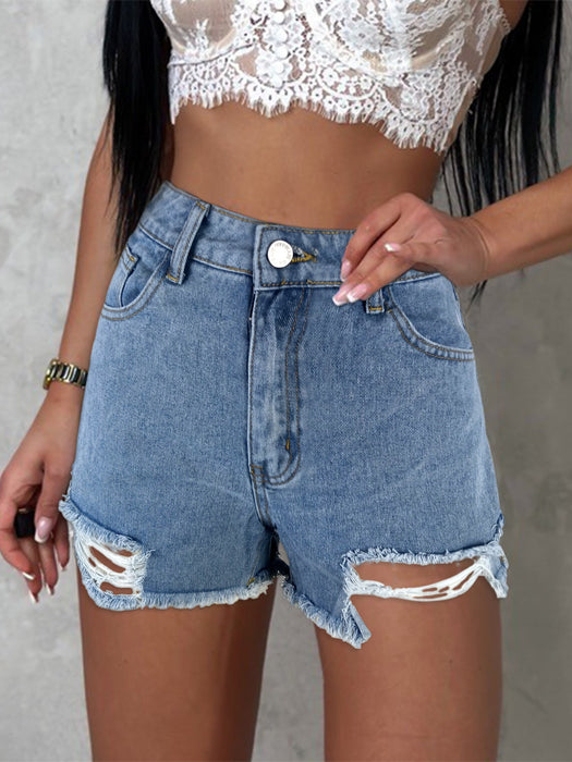 Color-Blue-Not Specification Raw Edge Denim Shorts Shorts-Fancey Boutique