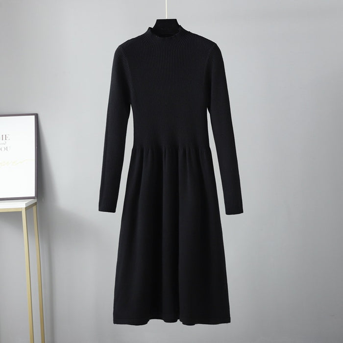 Color-Half Turtleneck Knitted Dress Autumn Winter Long Sleeve Waist Controlled Base Slim Black Woolen Women-Fancey Boutique