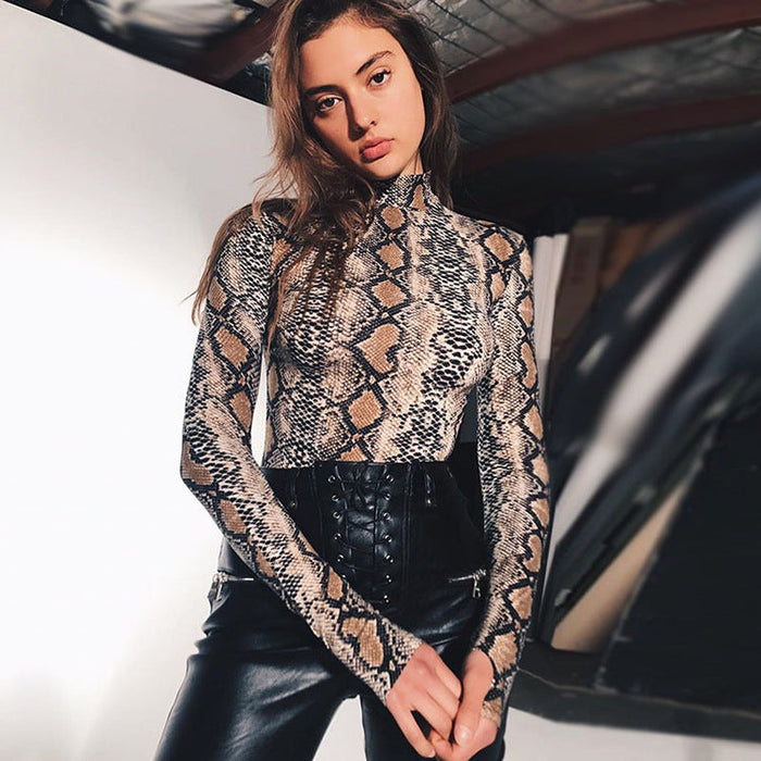 Color-Brown-Fall Sexy Snakeskin Printed Bottoming Shirt Popular Long Sleeve Turtleneck Bodysuit for Women-Fancey Boutique