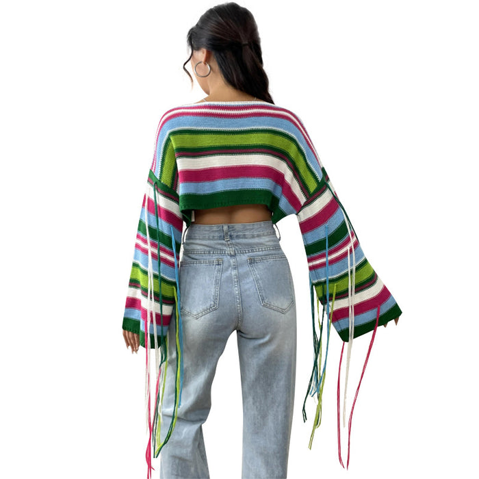 Color-Women Rainbow Striped Fringed Sweater Sexy Ultra Short Cropped Loose Sweater-Fancey Boutique