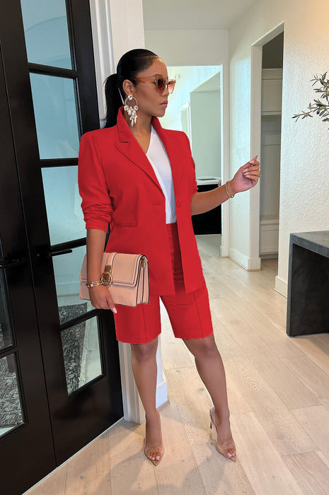 Color-Red-Women Clothing Blazer Shorts Two Piece Suit Spring Summer Casual Suit-Fancey Boutique