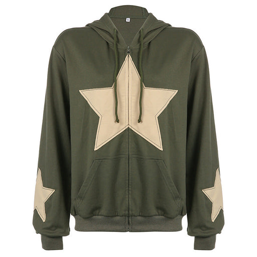 Color-Army Green-Street Five Pointed Star Patch Zipper Large Pocket Hooded Loose Large Hoody Autumn Winter Casual Coat-Fancey Boutique