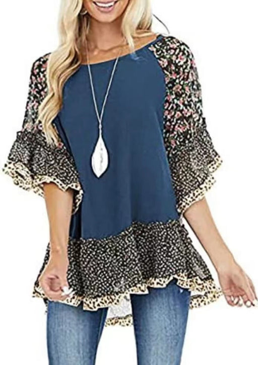 Color-Blue-Spring Summer Women Clothing Batwing Sleeve Color Blocking Leopard Floral Print Mid Length Sleeves T Shirt-Fancey Boutique