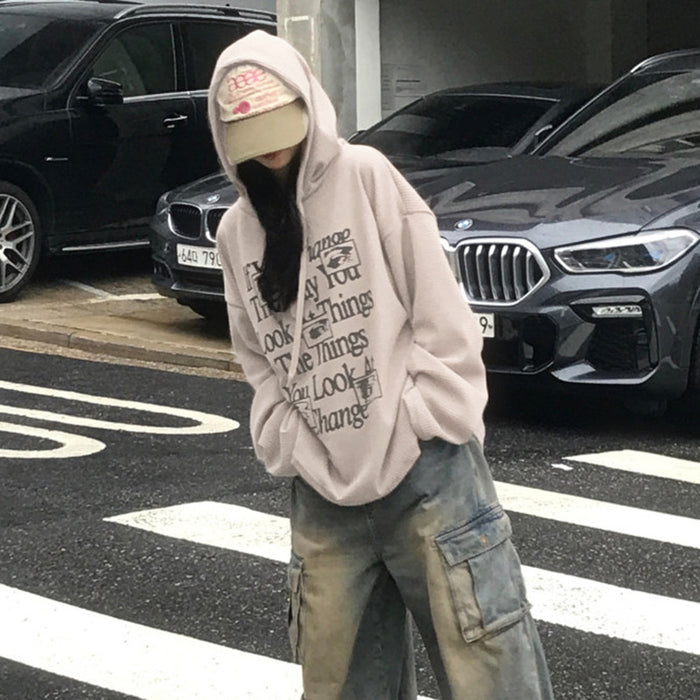 Color-Hip Hop Street Letter Graphic Print Hooded Lace Sweater Loose Casual Sexy Autumn Thin Top-Fancey Boutique