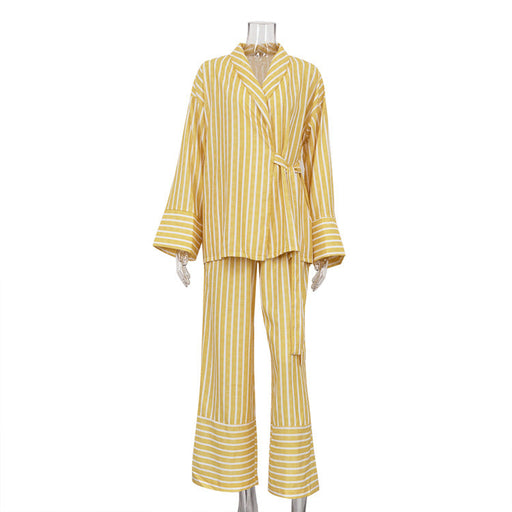 Color-Yellow-Women' Clothing Autumn Striped Long Sleeve Loose Lace up Top High Waist Trousers Casual Set-Fancey Boutique