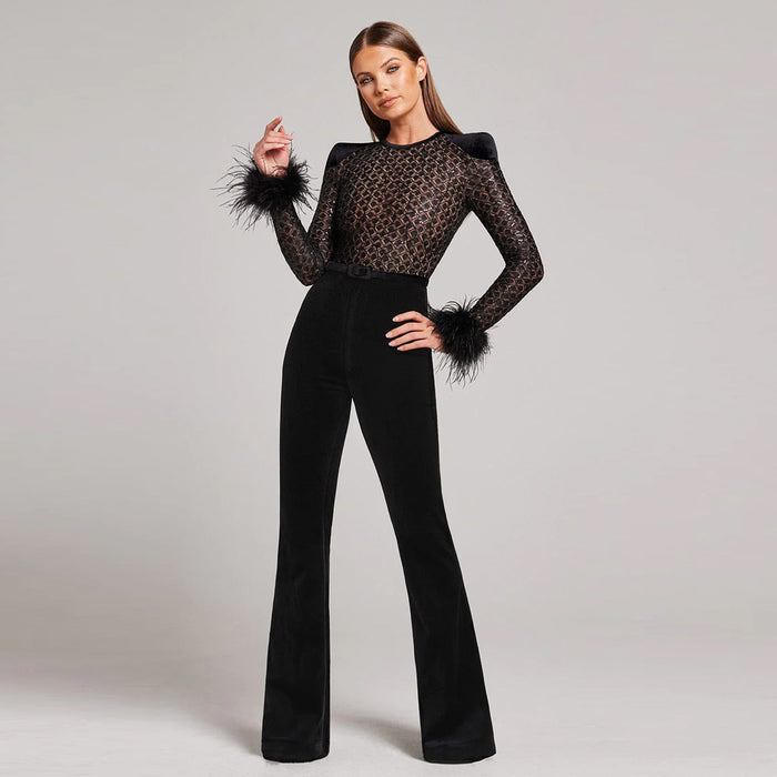Color-Spring Sexy Lace Sequined Feather Bandage Jumpsuit Women One Piece-Fancey Boutique