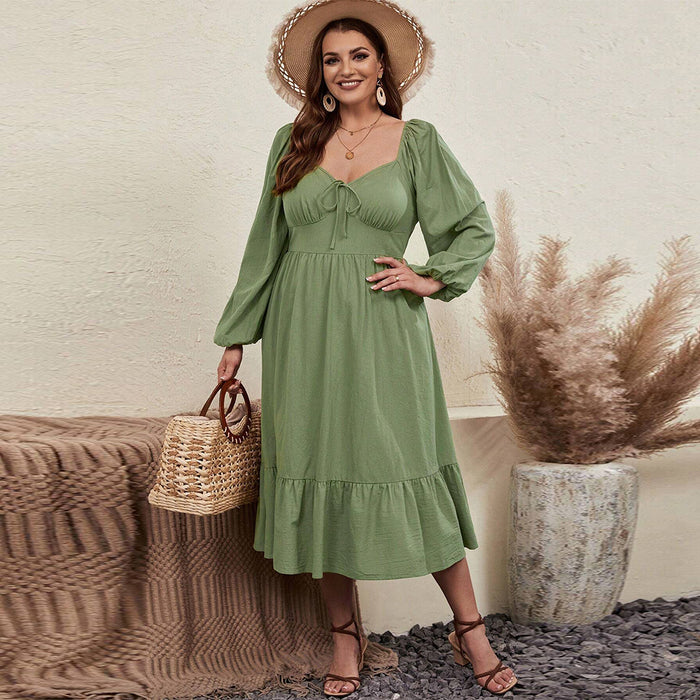 Color-Plus Size Women Clothes Waist Tight Large With Chicken Collar Puff Sleeve Pastoral Long Sleeve Dress-Fancey Boutique