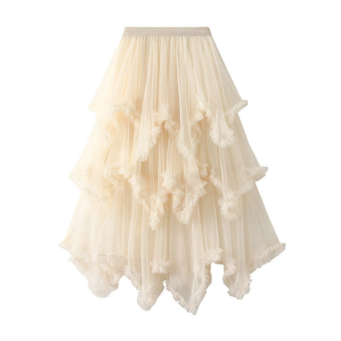 Color-Apricot-Wooden Ear Irregular Asymmetric Mesh Tiered Skirt Mid Length High Waist Big Swing Puffy Fairy Gauze Dress Long Skirt-Fancey Boutique