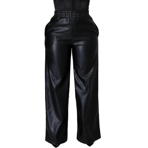 Color-Black-Women Clothing Solid Color Loose Wide Leg Pocket Faux Leather Pants-Fancey Boutique