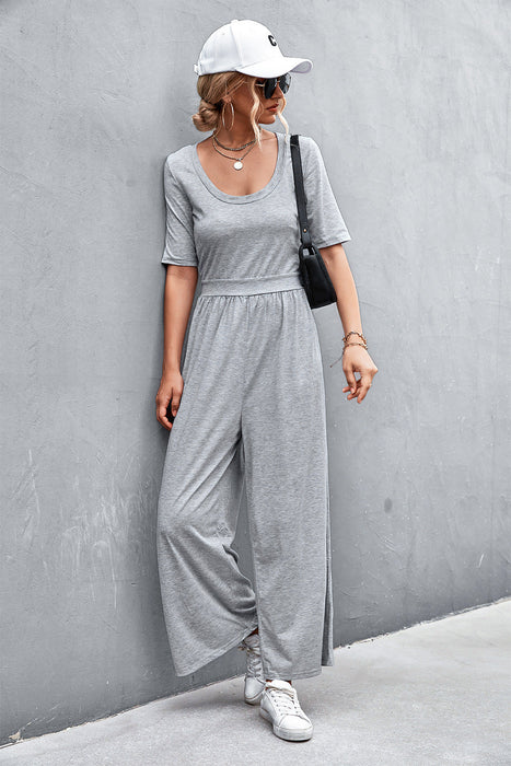 Color-Spring Summer Short Sleeve U Collar Loose Wide Leg Jumpsuit-Fancey Boutique