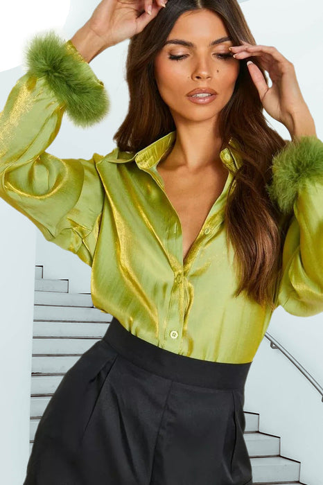 Color-Green-Autumn Fluorescent Fluff Sleeve Collared Shirt Sexy Feather Sleeve Top For Women-Fancey Boutique