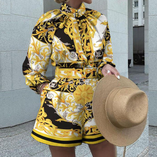 Color-Yellow-Autumn Winter Women Clothing Printed Long-Sleeved Top Shorts Suit Two-Piece Set-Fancey Boutique