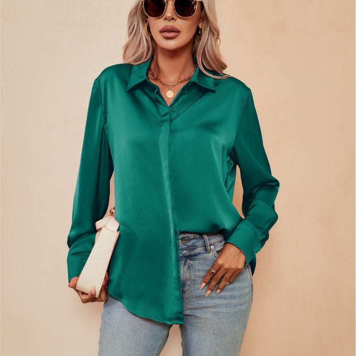 Color-Blackish Green-Women Satin Cardigan Top Casual Loose Long Sleeve Shirt-Fancey Boutique