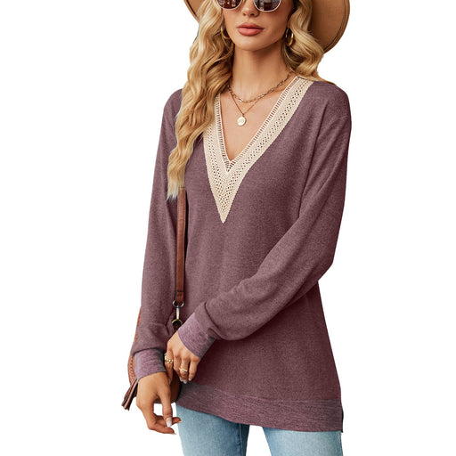 Color-Fuchsia-Autumn Winter Lace V-Collar Contrast Color Slit Loose Long Sleeve T-shirt Top Ladies-Fancey Boutique