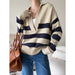 Color-Apricot-Casual Polo Large V-neck Striped Sweater Autumn Winter Loose Pullover-Fancey Boutique