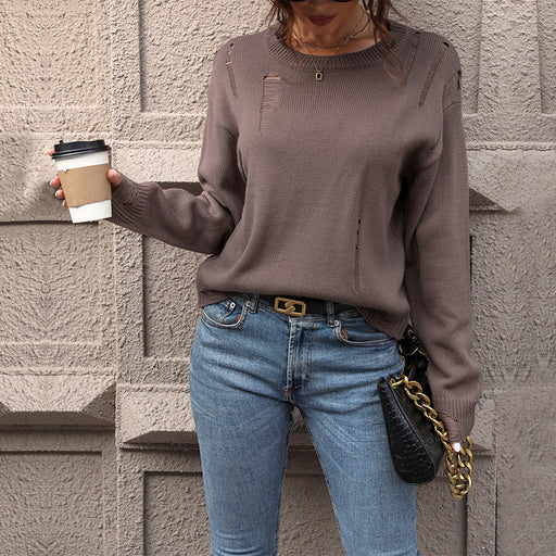 Color-Autumn Women Wear Solid Color Hollow Out Cutout out Sweater-Fancey Boutique